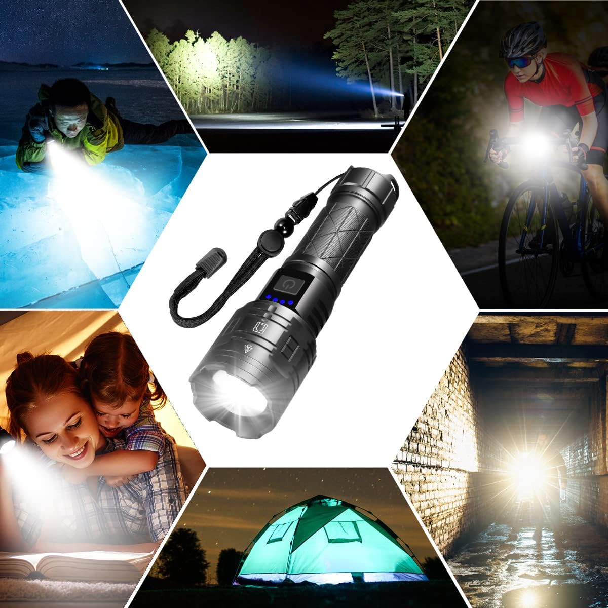 P90 Super LED Flashlight – High Lumens, Rechargeable, Waterproof Torch Ultra-bright flashlight with zoom function and rechargeable battery. Ideal for outdoor camping, hiking, or emergency use