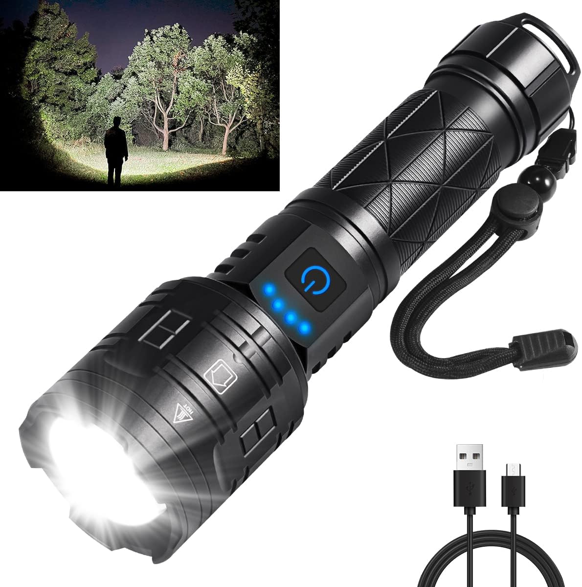 P90 Super LED Flashlight – High Lumens, Rechargeable, Waterproof Torch Ultra-bright flashlight with zoom function and rechargeable battery. Ideal for outdoor camping, hiking, or emergency use