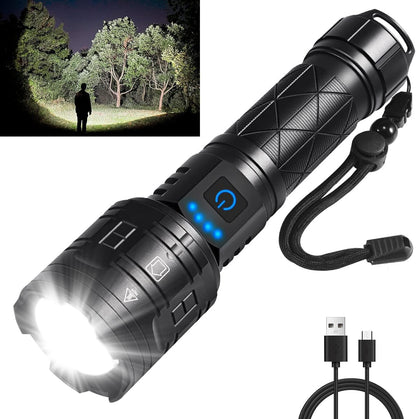 P90 Super LED Flashlight – High Lumens, Rechargeable, Waterproof Torch Ultra-bright flashlight with zoom function and rechargeable battery. Ideal for outdoor camping, hiking, or emergency use