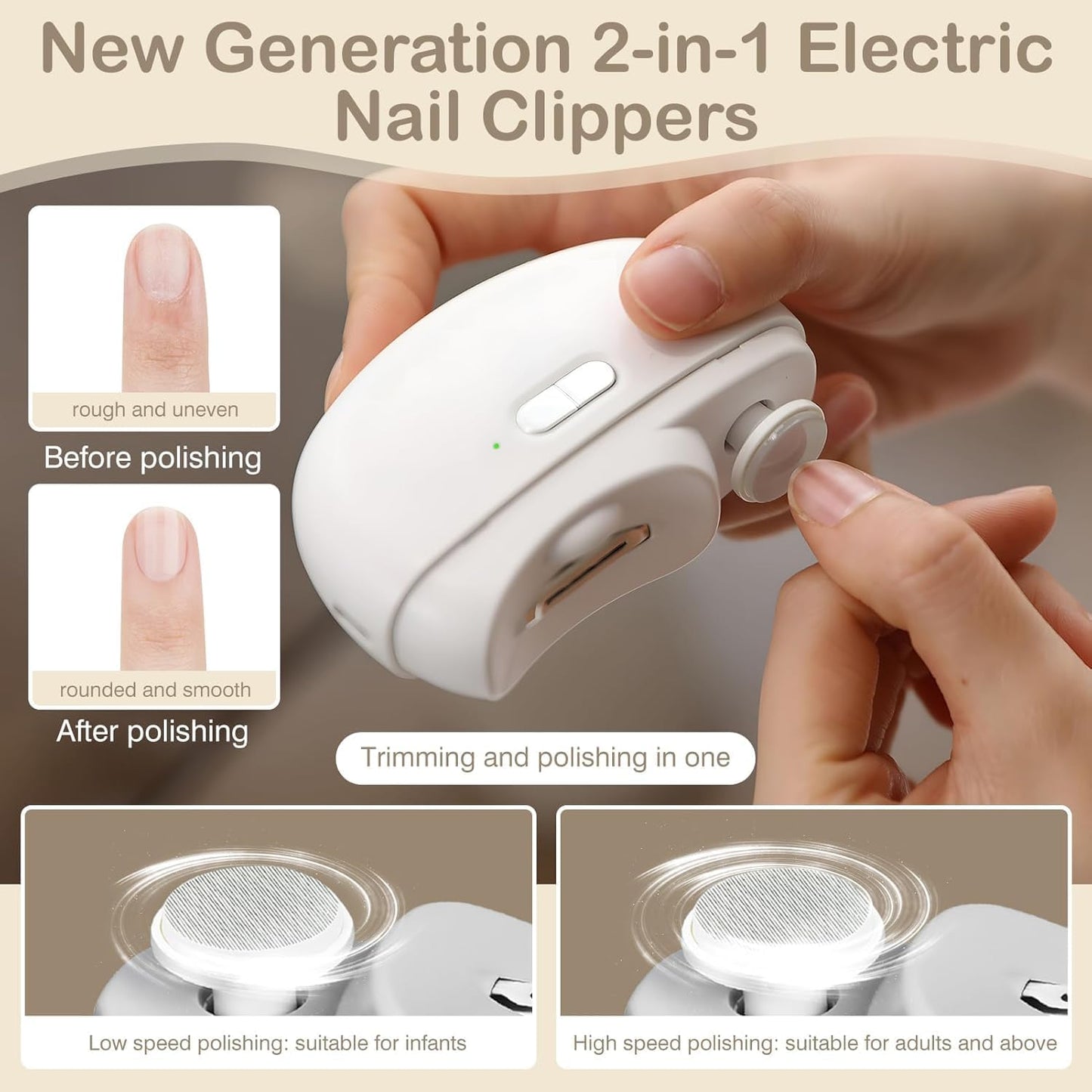 Electric Nail Clipper, Automatic Clipper With 2-Speed File For Adults, Baby Safe Fingernail Drill, Cutter & Shine Buffer 2-In-1 Manicure Pedicure Tool